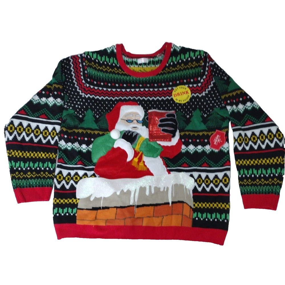 Holiday Time Christmas Sweater Men 3XL Red Fair Isle Santa Drink Pouch Novelty